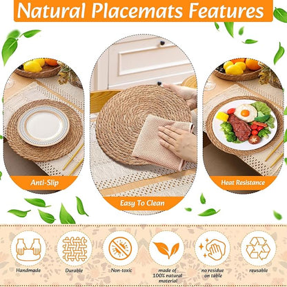 6 Sets Boho Placemats Round Woven Placemats, Cloth Napkins, Wood Bead Napkin Rings, Long Table Runner and Farmhouse Rustic Natural Burlap Cotton for Kitchen Dining Table Home (White)