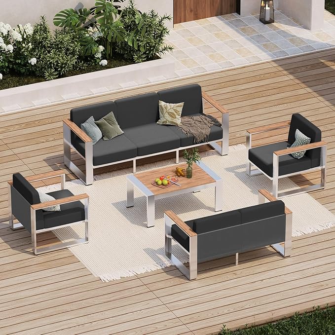 Patio Furniture Set, 5 Piece Aluminum Outdoor Furniture Set with Table, Wide Outdoor Seating and Thick Cushions, Modern Outdoor Patio Conversation Sets for Deck, Porch (Teak-Charcoal)