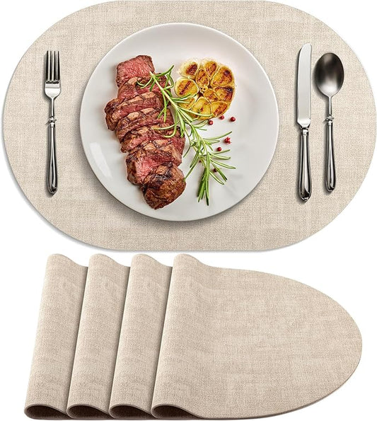 Placemats for Dining Table Set of 4 Non-Slip, Heat Resistant Oval Leather Placemat Double Layer, Waterproof Table Mats Easy to Clean for Kitchen Dining Room Coffee Office Table, Beige