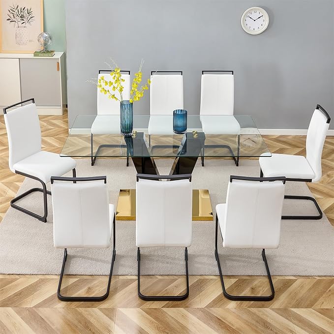 Glass Dining Table Set for 8, 71" Dining Table Set for 8, Dining Room Table and Chairs for Home