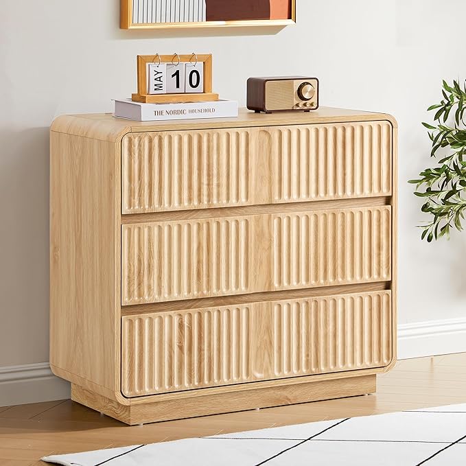 Turtle&Myrtle Fluted 3 Drawer Dressers for Bedroom, 31.5" Wide Large Mid Century Modern Nightstand W/3 Storage Drawers, Wood Dresser & Chest of Drawers with Curved Profile for Living Room (Natural)