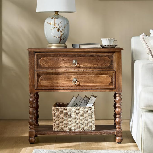HULALA HOME Farmhouse Storage End Table with 2 Drawers and Open Shelf, Solid Wood Side Table with Spindle Legs, Nightstand with Charging Station (Walnut)