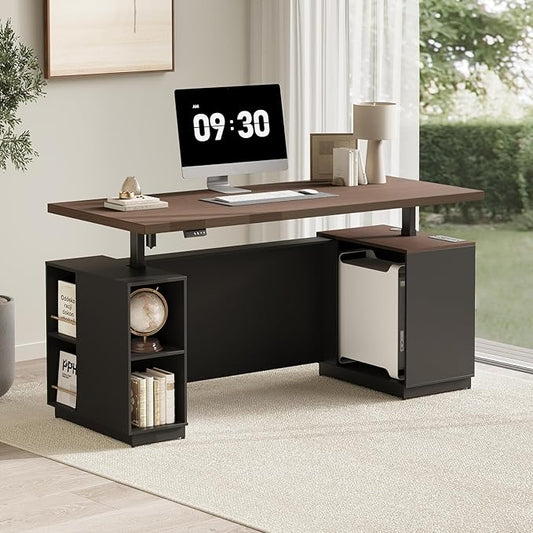 71" Standing Executive Desk with Privacy Panel, Large One-Piece Electric Height Adjustable Stand Up Desk with Charging Station, File Cabinet Storage, Home and Office, Black Walnut