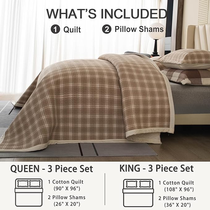 Cotton Plaid Quilt Set Queen 3 Piece Lightweight Reversible Bedding, Grid Beige