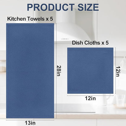 Homaxy 100% Cotton Kitchen Towels and Dishcloths Set, 12 x 12 Inches and 13 x 28 Inches, Set of 10 Bulk Kitchen Towels Set, Ultra Soft Absorbent Dish Cloths for Washing Dishes, Navy Blue
