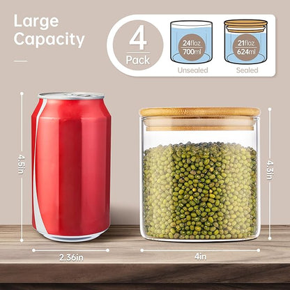 21oz - 4 Pack Glass Jars with Bamboo Lids, Glass Food Storage Containers with Airtight Lids, Air Tight Pantry Storage Containers for Coffee, Sugar, Spice, Meal Prep Jars for Salad & Fruit