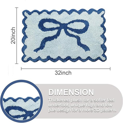 ORTIGIA Cute Blue Coquette Bow Bath Mat, Fun Plush Microfiber Scallop Bathroom Rugs Non Slip Washable Quick Dry Absorbent, Bath Rug for Shower Stall Vanities Kitchen Floor Entrance, 20x32