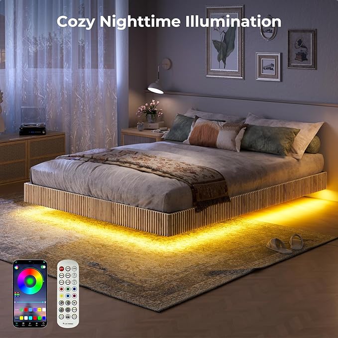 Evermagin Natural Queen Floating Bed Frame with led Lights, Bohemia Fluted Floating Platform Bed No Headboard, Heavy Duty Metal Float Bedframe, No Box Spring Needed