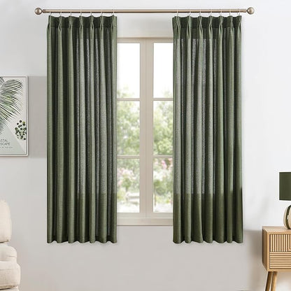 RAIN CITY Olive Green Curtains Pinch Pleated, Linen Curtain 63 Inches Long Semi Sheer Privacy Light Filtering Bedroom Window Curtains Drapes 2 Panels Set with Hooks 42x63