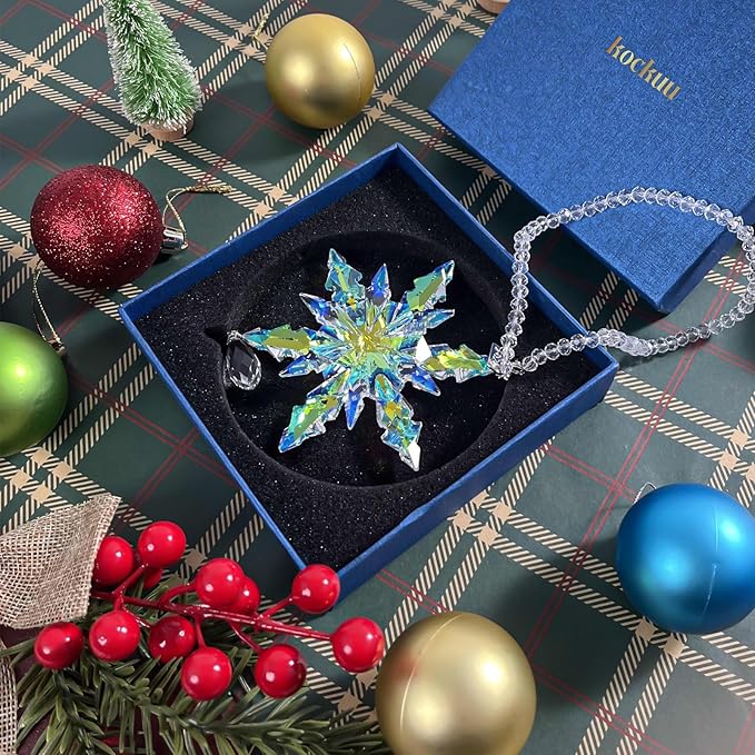 kockuu Christmas Crystal Snowflake Ornament Decoration, AB Color Crystal Snowflake Hanging Ornament for Tree with Tag 2025 Engraved for Winter Xmas Tree Keepsake Gifts Holiday Home Decor