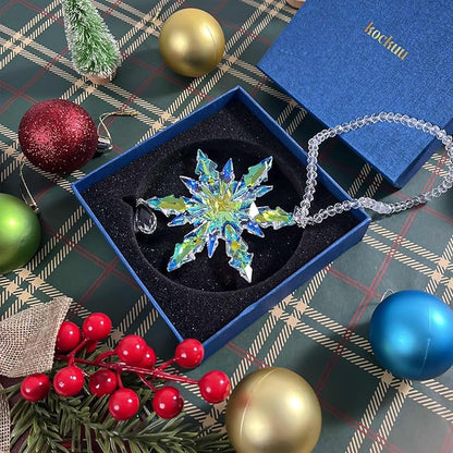 kockuu Christmas Crystal Snowflake Ornament Decoration, AB Color Crystal Snowflake Hanging Ornament for Tree with Tag 2025 Engraved for Winter Xmas Tree Keepsake Gifts Holiday Home Decor