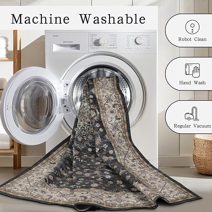 Washable Rugs 8x10 Area Rugs for Living Room,Rugs for Bedroom,Large Carpets,Ultra Soft Faux Wool Retro Dining Room Rug,Non Slip&Non-Shedding Low Pile Vintage Print Rug for Home Office-Black