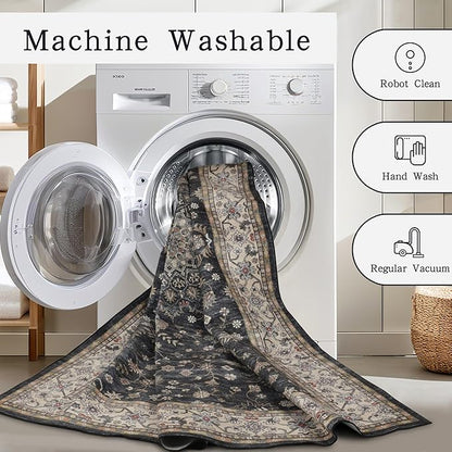 Washable Rugs 8x10 Area Rugs for Living Room,Rugs for Bedroom,Large Carpets,Ultra Soft Faux Wool Retro Dining Room Rug,Non Slip&Non-Shedding Low Pile Vintage Print Rug for Home Office-Black