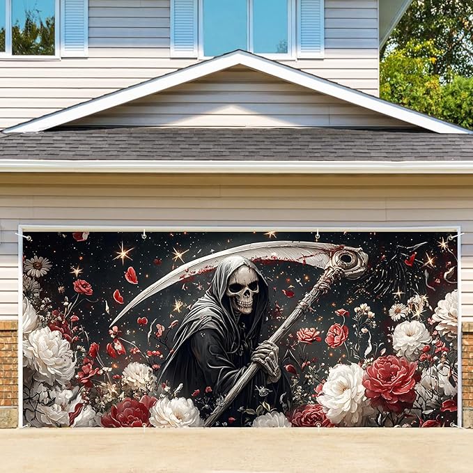 6 x 13 ft Halloween Garage Door Decorations Halloween decorations Witch Door Cover, Hanging Banner, Cauldron Backdrop Mural for Home, Outdoor, Indoor, Spooky Party, Wall, Window (Scythe-1)