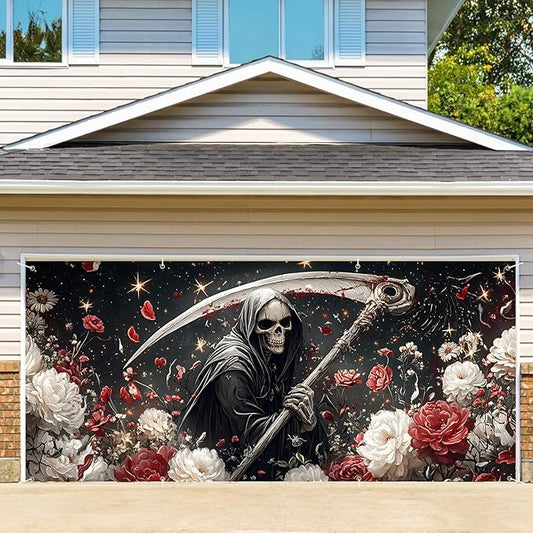 6 x 13 ft Halloween Garage Door Decorations Halloween decorations Witch Door Cover, Hanging Banner, Cauldron Backdrop Mural for Home, Outdoor, Indoor, Spooky Party, Wall, Window (Scythe-1)