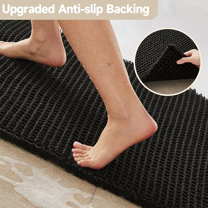 Black Long Bathroom Rug, Waffle Runner Rug Bathroom Non Slip Washable Super Absorbent Quick Dry Boho Farmhouse Bath Decor, 60"x24" Black
