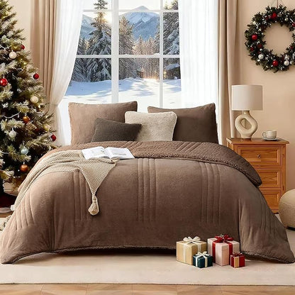 Monbix Fluffy King Size Comforter Set Brown, Sherpa Plush Fuzzy Comforter 3 Piece for King Size Bed, Luxury Soft Winter Warm Bedding Set