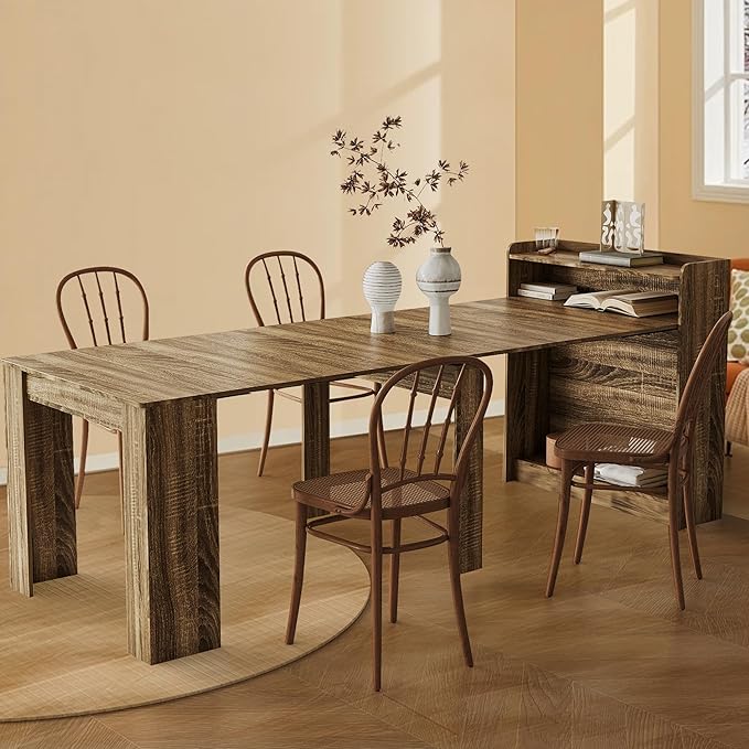 21''- 98.43'' Extendable Dining Room Table, Expandable Dining Table, Modern Large Table, for 2-9 Person(with Shelf), Barnwood Brown