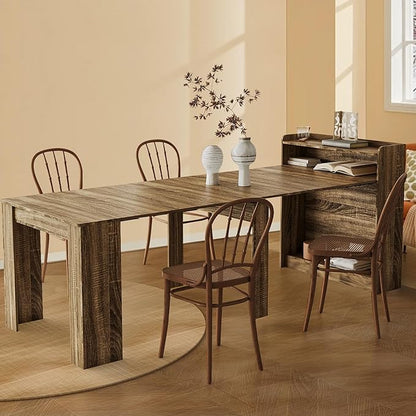 21''- 98.43'' Extendable Dining Room Table, Expandable Dining Table, Modern Large Table, for 2-9 Person(with Shelf), Barnwood Brown