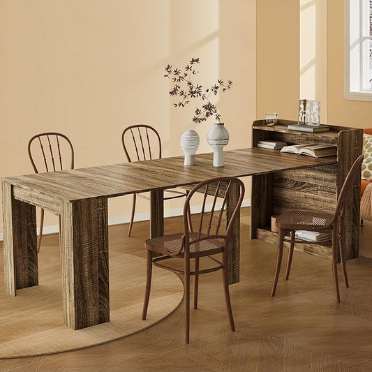 21''- 98.43'' Extendable Dining Room Table, Expandable Dining Table, Modern Large Table, for 2-9 Person(with Shelf), Barnwood Brown