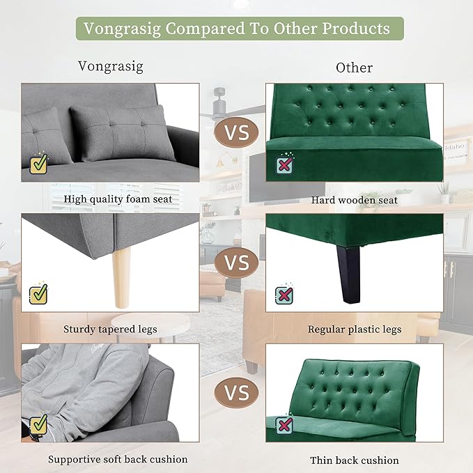 Vongrasig 47" Modern Loveseat Sofa Mid Century Linen 2 Seat Couch Tufted Tapered Legs, Light Gray