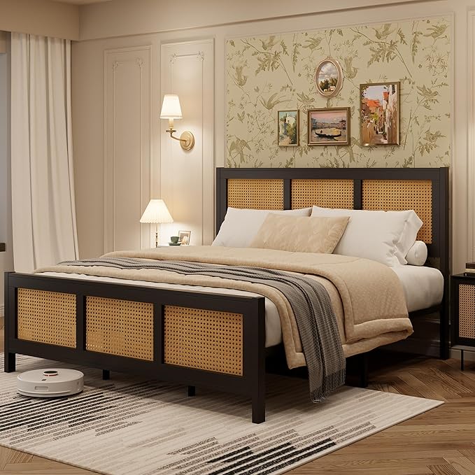 GarveeHome Full Size Rattan Bed Frame with Headboard, Black Boho Cane Platform Bed Frame with Strong Metal Slat, Noise Free, No Box Spring Needed