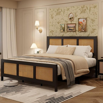GarveeHome Full Size Rattan Bed Frame with Headboard, Black Boho Cane Platform Bed Frame with Strong Metal Slat, Noise Free, No Box Spring Needed