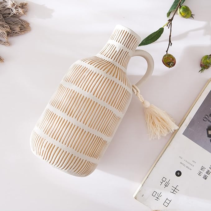 Farmhouse Vase with Handle and Tassel, Grey Yellow Vertical Stripes Design Clay Vase 10'' Tall - Ceramic Flower Vase for Rustic Home Decor, for Fireplace Kitchen Living Room Centerpieces