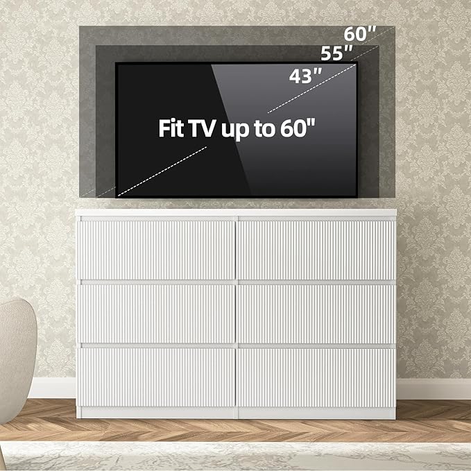 Fluted 6 Drawers Dresser,Modern Large Wood Dresser,Chest of Drawers for Bedroom, Living Room,Hallway,Entryway,TV Stand Drawer Organizer(Fluted White)