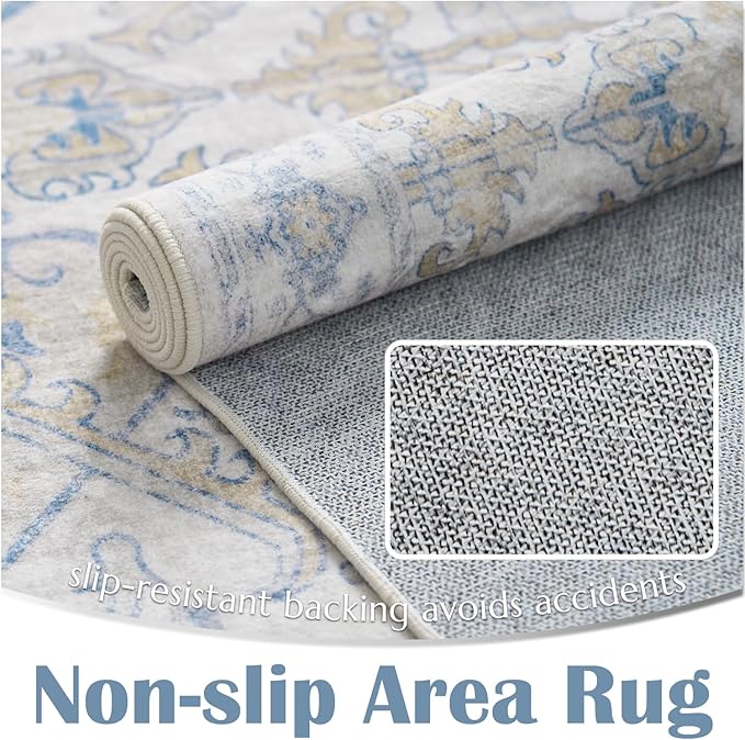 jinchan Vintage Floral Washable Rug 2x3 Non-Slip Low Pile Doormat, Blue