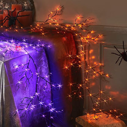 Fudios Lighted Halloween Garland with 120 Orange and Purple LED Fairy Lights for Mantle, Halloween Black Garland with Lights 8 Functios Battery Operated 6FT Indoor Outdoor Home Wall Decoration