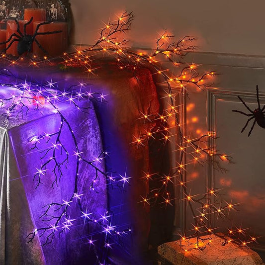 Fudios Lighted Halloween Garland with 120 Orange and Purple LED Fairy Lights for Mantle, Halloween Black Garland with Lights 8 Functios Battery Operated 6FT Indoor Outdoor Home Wall Decoration