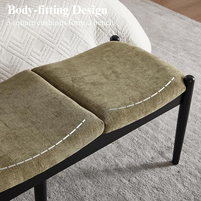 DUOMAY 55'' Modern Ottoman Bench, Chenille Upholstered Entryway Bench Bedroom Bench with Wood Legs, End of Bed Bench for Bedroom, Living Room, Corners, Kitchen, Green
