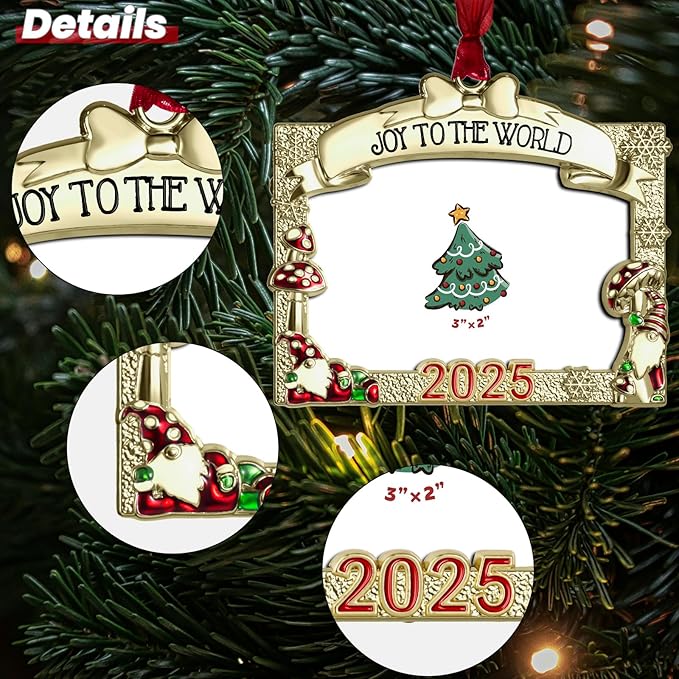 2025 Christmas Ornaments 3x2 inch Picture Frame Metal Hanging Pendant for Tree Small Decorative Keepsake, Display Photo for Baby and Pet (Gnome Gold (2025))
