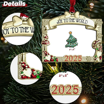 2025 Christmas Ornaments 3x2 inch Picture Frame Metal Hanging Pendant for Tree Small Decorative Keepsake, Display Photo for Baby and Pet (Gnome Gold (2025))