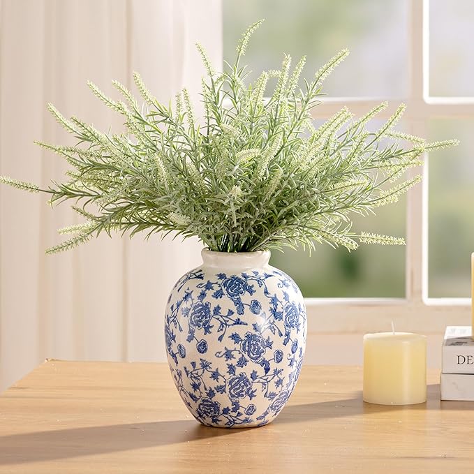Ceramic Flower Vase, Blue and White Vintage Decorative Vase Chinoiserie Decor Rustic Farmhouse Retro Floral Vases for Table Bookshelf Mantel Kitchen Living Room Office - 7.8inch Blue