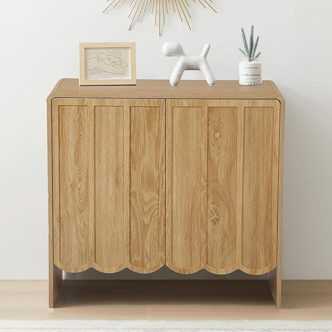 ORRD Accent Sideboard Buffet Cabinet, Storage Cabinets with 2 Doors, Farmhouse Wood Cabinet with Adjustable Shelves and Wave Panel for Living Room, Dining Room, Entry - Natural