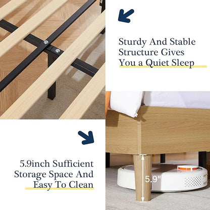 VECELO Twin Size Bed Frame Upholstered Platform Height-Adjustable Cotton and Linen Headboard, Heavy Duty Wood Slats, Noise-Free, No Box Spring Needed, Easy Assembly, Beige