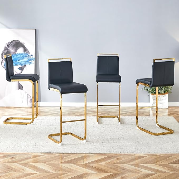 Counter Height Bar Stools Set of 4,Bar Stools with Back,30" Black Island Chairs with Gold Chrome Plated Metal Leg,Faux Leather Barstools for Pub Kitchen Counter Dining Chair