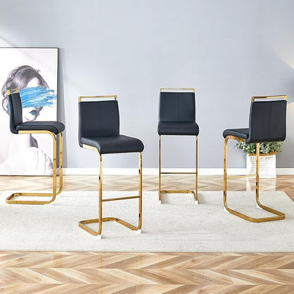 Counter Height Bar Stools Set of 4,Bar Stools with Back,30" Black Island Chairs with Gold Chrome Plated Metal Leg,Faux Leather Barstools for Pub Kitchen Counter Dining Chair