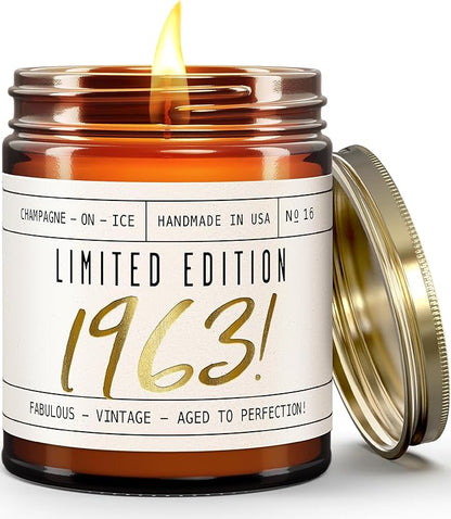 62nd Birthday Gifts for Women - 'Limited Edition 1963' Soy Candle, w/Champagne on Ice I 62 Birthday Gifts for Women I 62nd Gift for Her Ideas I 9oz Reusable Jar, 50Hr Burn, Made in USA