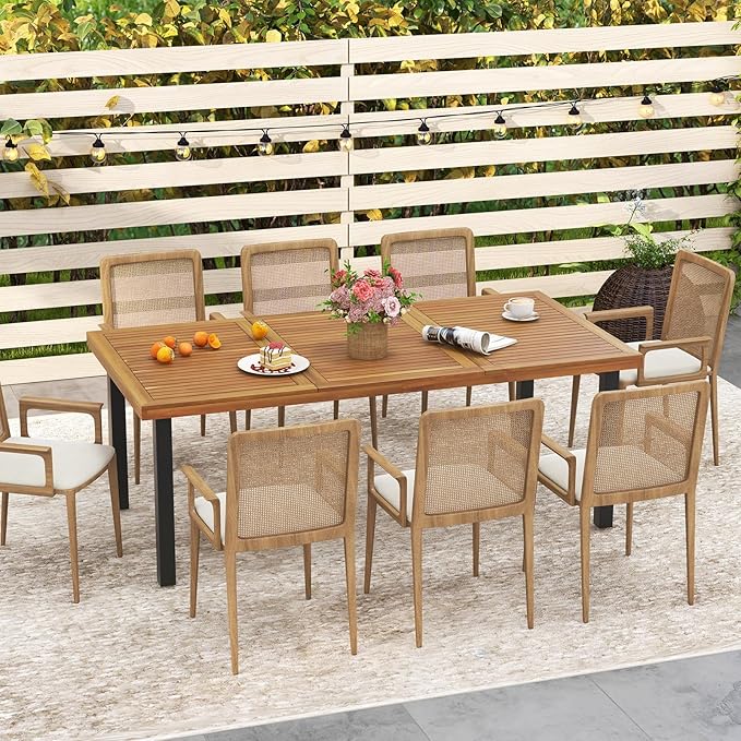 Tangkula 79 Inch Acacia Wood Dining Table, 8-Person Patio Table for Outdoors & Indoors, Rustic Rectangular Bistro Table with 1.9” Umbrella Hole, Metal Legs & Adjustable Foot Pads