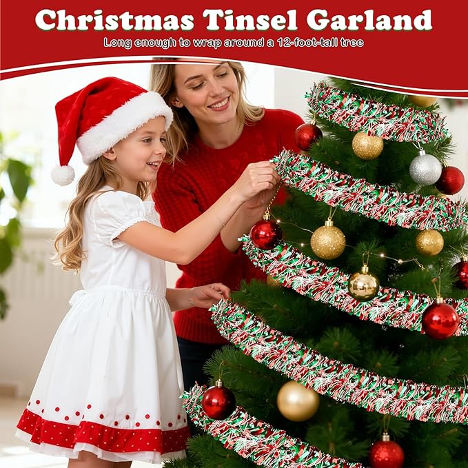 50FT Christmas Tinsel Garland, Red Green&White Metallic Twist Shiny Hanging Garland Ornaments for Christmas Tree, Party Supplies Thick Metallic Xmas Streamers