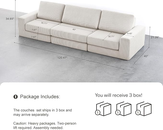 120.47‘’ Boneless Couch Cloud Modular Sectional Couches for Living Room, Oversize L-Shape Sofa with Deep Seat, Plush Corduroy 3-Seater Cloud Sofa, No Assembly Required