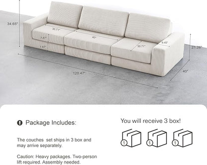 120.47‘’ Boneless Couch Cloud Modular Sectional Couches for Living Room, Oversize L-Shape Sofa with Deep Seat, Plush Corduroy 3-Seater Cloud Sofa, No Assembly Required
