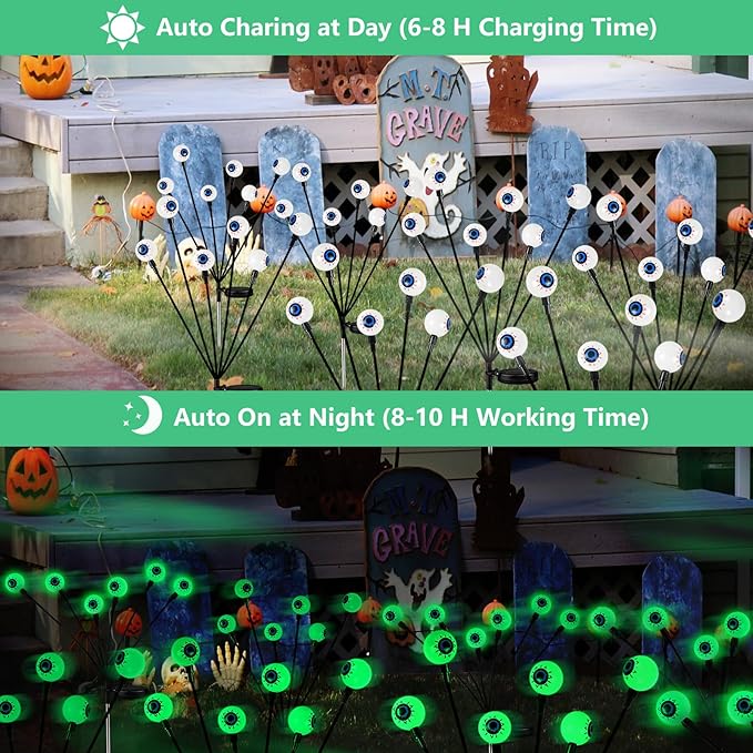 2025 Upgraded 6 Pack Halloween Decorations Outdoor, Green Solar Eyeball Lights, 36 LED Eye Balls Swaying Firefly Light Waterproof (Soft Glowing or Steady on) for Garden Lawn Pathway Grave Yard Decor