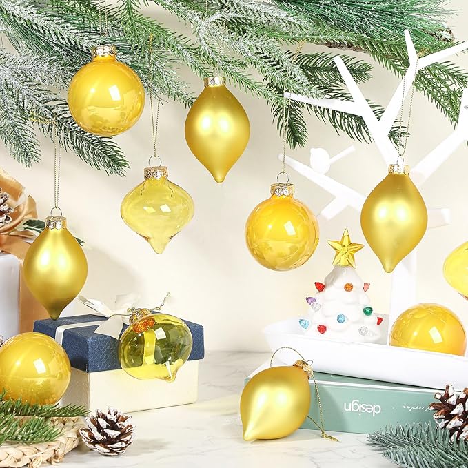 Zomiboo 12 Pcs Yellow Glass Christmas Ball Ornaments Set 3.15" Hanging Shatterproof Glass Bulbs for Christmas Tree Baubles Bulk for Holiday Xmas Tree Decorations Gifts