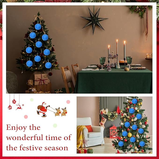 12Pcs Furry Christmas Ball Ornament for Xmas Tree Blue Soft Faux Fur Pom Pom Ball Ornaments Christmas Tree Hanging Decorations for Winter Party Home Decor Costume Supplies