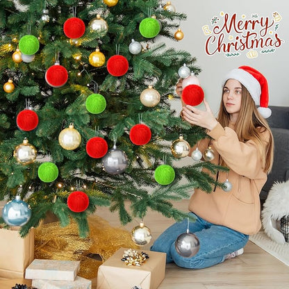 12Pcs Furry Christmas Ball Ornament for Xmas Tree Red Green Soft Faux Fur Pom Pom Ball Ornaments Green Christmas Tree Hanging Decorations for Winter Party Home Decor Costume Supplies