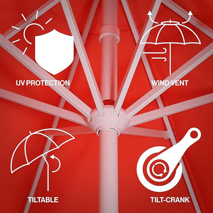 JONATHAN Y UMB1002F Tracy 9 ft. Classic MidCentury Scalloped Fringe Market Patio Umbrella with Auto-Tilt Crank, Wind Vent and UV Protection in Coral Red/White, White Pole